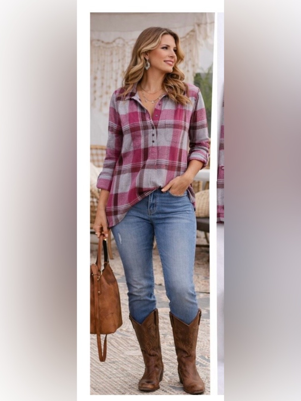 Soft Surroundings Mad About Plaid Tunic Shirt Grey Pink Tab Sleeve Sz LP